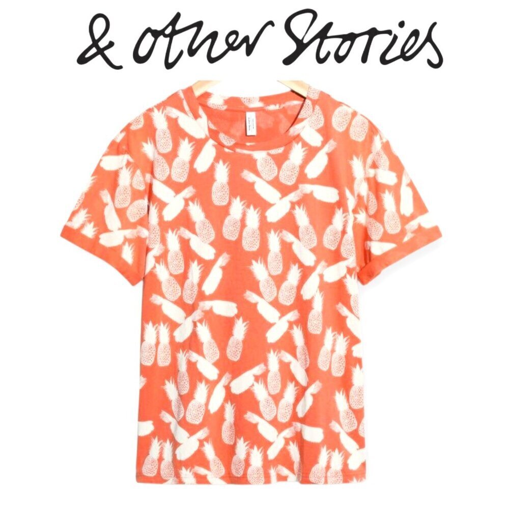 & Other Stories Pineapple Graphic Cotton T Shirt Orange White Summer Size 6